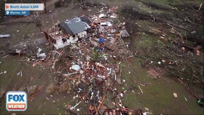 Drone footage of tornado damage in Arkansas