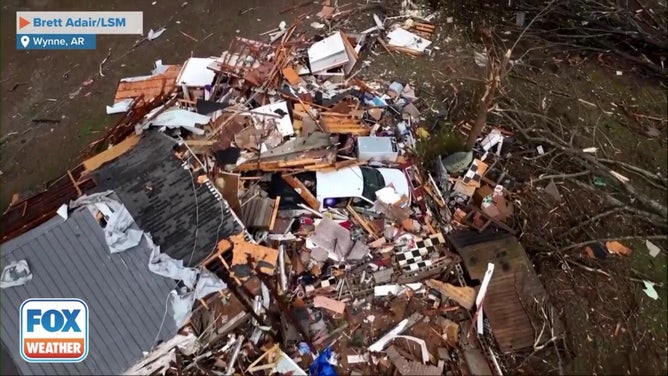 Drone footage of tornado damage in Arkansas