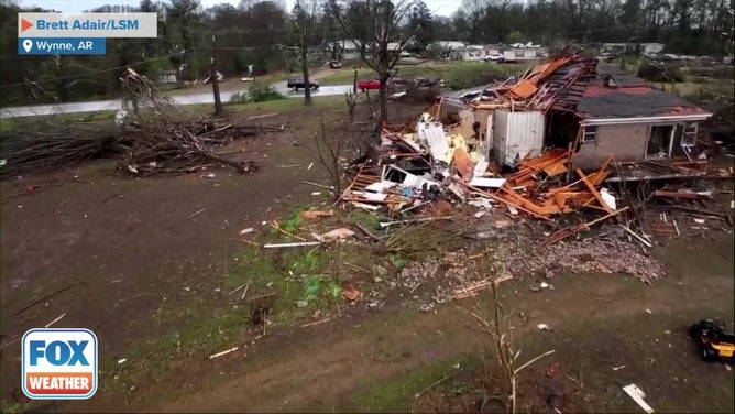 Drone footage of tornado damage in Arkansas