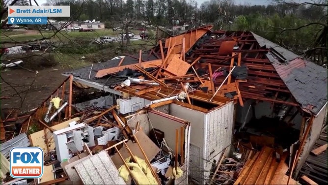 Drone footage of tornado damage in Arkansas