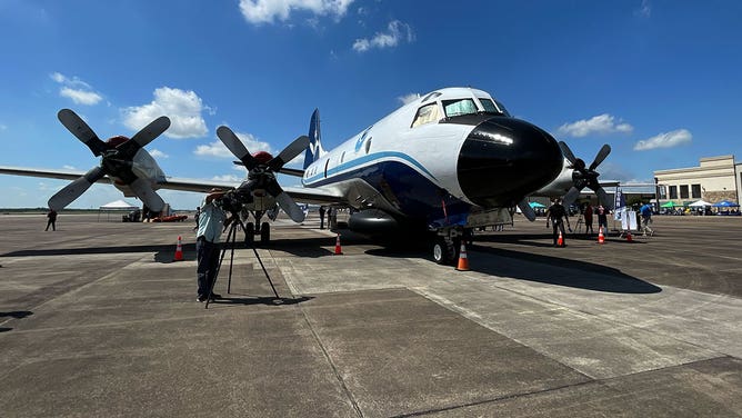 A WP-3D Orion airplane used by NOAA's Hurricane Hunters is seen during a stop in Houston, Texas, on May 1, 2023.