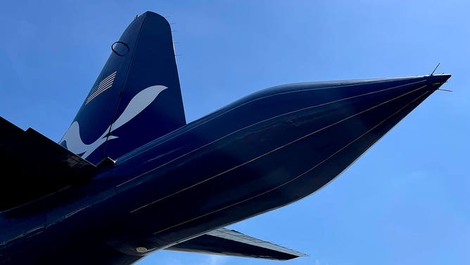 The tail of a WP-3D Orion airplane used by NOAA's Hurricane Hunters contains a unique Doppler radar that provides a 3-D view of a storm. This photo was taken in Houston, Texas, on May 1, 2023.