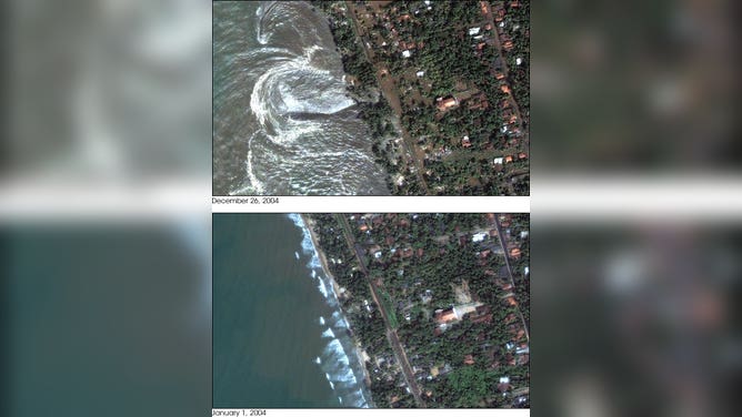 Pictures of the Kalutara, Sri Lanka before the tsunami (bottom) and after (top). In the top picture, structures are submerged in water.