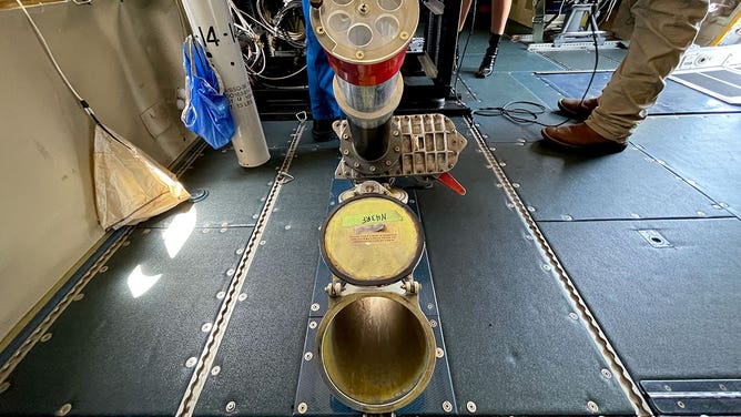 The dropsonde launching station on a WP-3D Orion airplane used by NOAA's Hurricane Hunters is seen during a stop in Houston, Texas, on May 1, 2023.