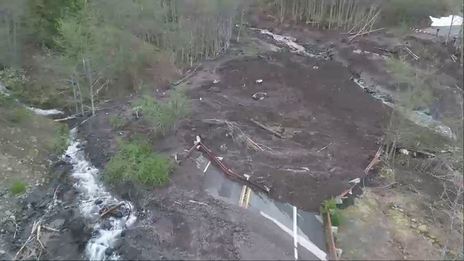 Mudslide covering road off of Mount St. Helens.