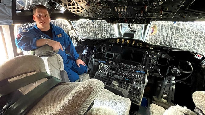 The cockpit of a WP-3d Orion airplane used by NOAA's Hurricane Hunters is seen during a stop in Houston, Texas, on May 1, 2023.