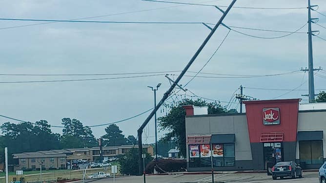 Snapped power line in Huntsville, Texas on May 23, 2023.