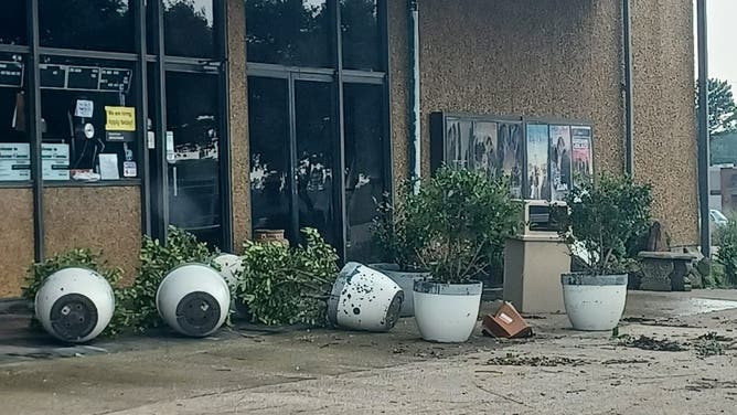Potted plants knocked over in Huntsville, Texas on May 23, 2023.
