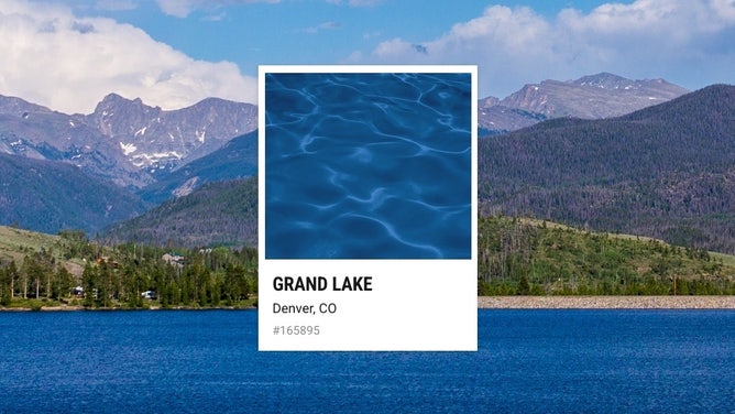 Image of Grand Lake in Colorado, along with swatch for its shade of blue.