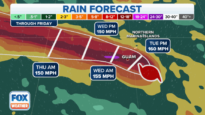 Possible rain totals in Guam from Super Typhoon Mawar through Friday, May 26, 2023.