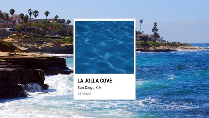 Image of La Jolla Cove in California along with swatch for its shade of blue.