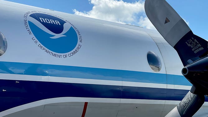 A WP-3D Orion airplane used by NOAA's Hurricane Hunters is seen during a stop in Houston, Texas, on May 1, 2023.