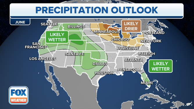 The precipitation outlook for June from the Climate Prediction Center as of May 31, 2023.