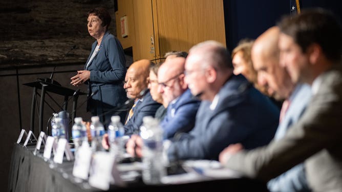 Nicola Fox, associate administrator for NASA's Science Mission Directorate, speaks during a public meeting of NASA’s unidentified anomalous phenomena (UAP) independent study team, Wednesday, May 31, 2023 at the Mary W. Jackson NASA Headquarters building in Washington, D.C.