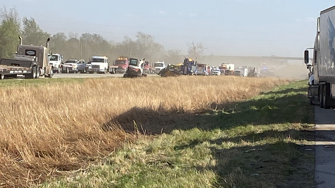 A line of vehicles is seen on I-55 in Illinois after a massive pileup during a dust storm on Monday, May 1, 2023.