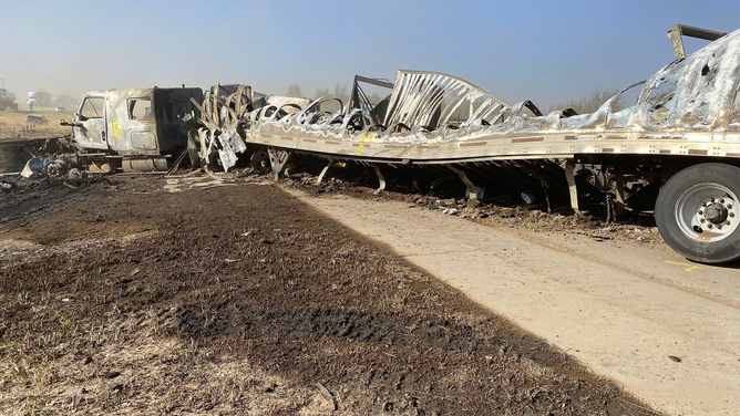 A burned-out tractor-trailer is seen in this photo after a massive pileup caused by a dust storm on I-55 in Illinois on Monday, May 1, 2023.