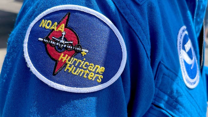 The patch of the NOAA Hurricane Hunters is seen on a uniform in Houston, Texas, on May 1, 2023.