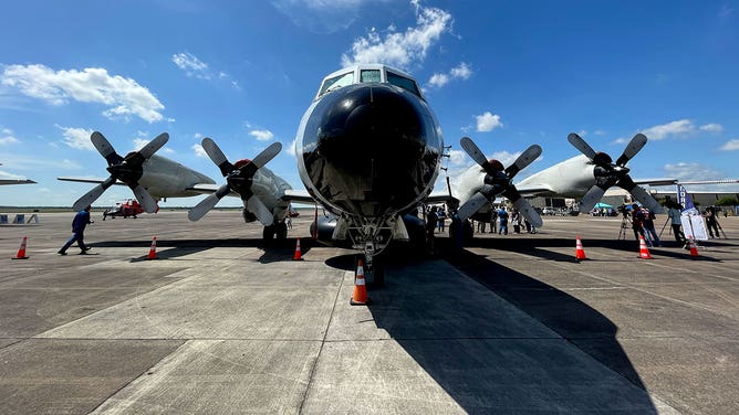 The nose of a WP-3D Orion airplane used by NOAA's Hurricane Hunters is seen during a stop in Houston, Texas, on May 1, 2023.