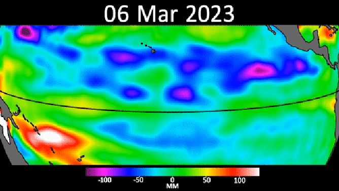 This animation shows a series of waves, called Kelvin waves, moving warm water across the equatorial Pacific Ocean from west to east during March and April. The signals can be an early sign of a developing El Niño, and were detected by the Sentinel-6 Michael Freilich sea level satellite.