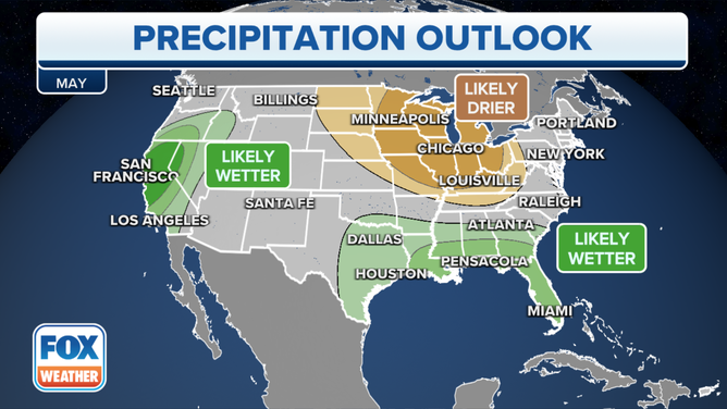 The May 2023 precipitation outlook from NOAA's Climate Prediction Center.