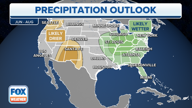 The rainfall outlook for June, July and August 2023 from NOAA's Climate Prediction Center.