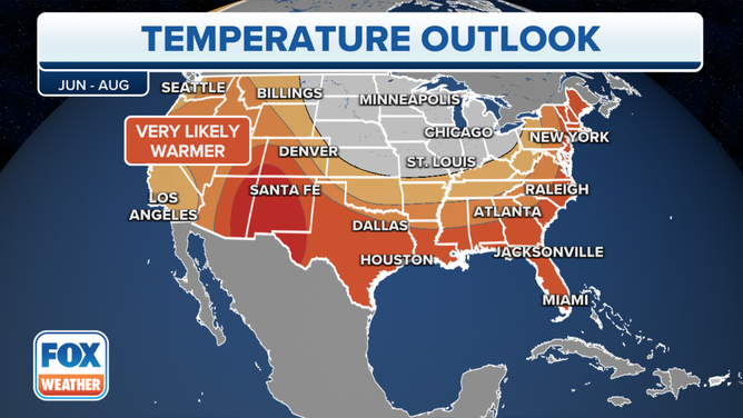 The temperature outlook for June, July and August 2023 from NOAA's Climate Prediction Center.