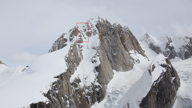 West Ridge of the Moose’s Tooth, Denali National Park and Preserve. The red box indicates the vicinity of the boot tracks that lead into a small avalanche area