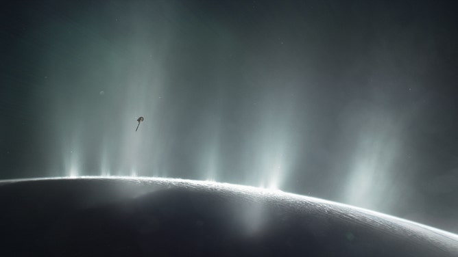 Artist's concept of plumes emitted from Enceladus.