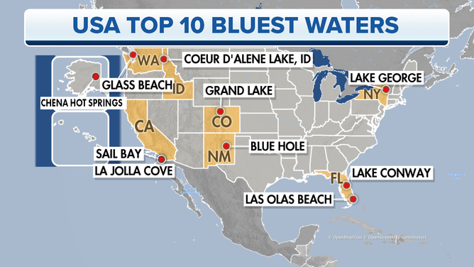 Map of the top 10 bluest waters, according to SIXT.