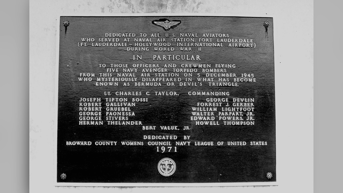 FILE - Closeup of commemorative plaque for US Naval Aviators who served at Naval Air Station, Fort Lauderdale, FL during WWII in particular the officers & crewmen of five Naval Avenger Torpedo Bombers who disappeared mysteriously on Dec. 5, 1945 in Atlantic Ocean known as the Bermuda Triangle.