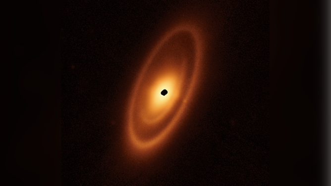 This image of the dusty debris disk surrounding the young star Fomalhaut is from Webb’s Mid-Infrared Instrument (MIRI). It reveals three nested belts extending out to 14 billion miles (23 billion kilometers) from the star. The inner belts were revealed by Webb for the first time.