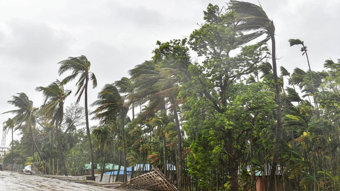 Shahpori island on the outskirts of Teknaf, on May 14, 2023, during Cyclone Mocha's landfall.