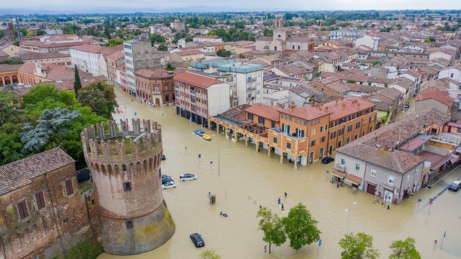The Rocca Estense castle surrounded by flood water in Lugo, in Ravenna province, northern Italy, on Thursday, May 18, 2023.
