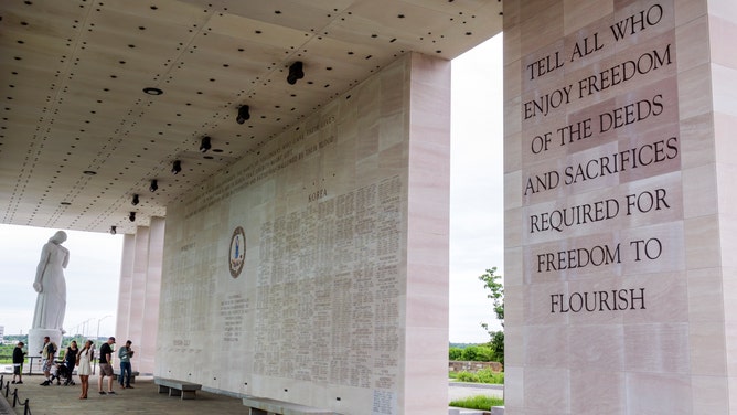 Virginia War Memorial, Shrine of Memory with patriotic quote and statue.