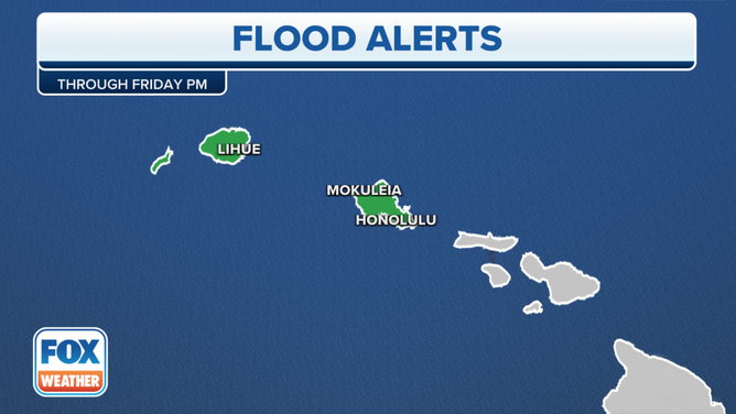 Flood alerts in effect for Hawaii through at least Friday afternoon, May 19, 2023.