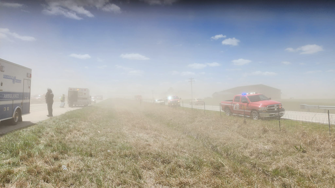Dust is seen filling the air after a dust storm caused a massive pileup on I-55 in Illinois on May 1, 2023.