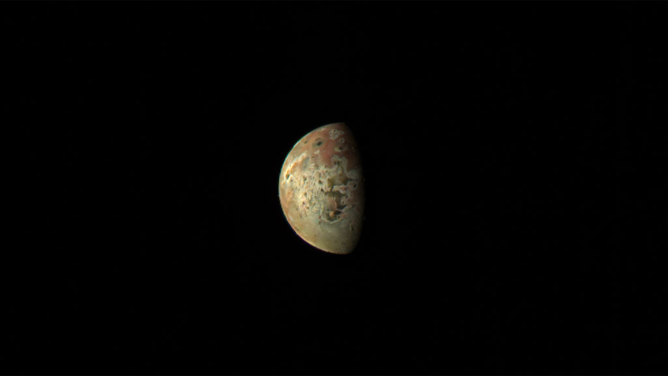 This JunoCam image of the Jovian moon Io was collected during Juno’s flyby of the moon on March 1, 2023. At the time of closest approach, Juno was about 32,000 miles (51,500 kilometers) away from Io.