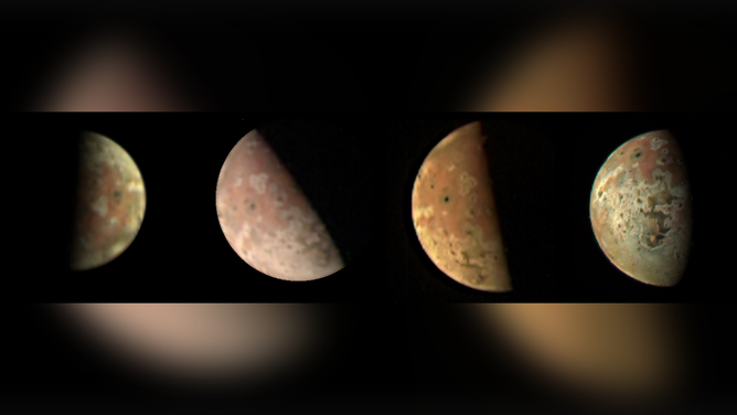 This composite image of Io was generated using data collected by the JunoCam imager aboard NASA’s Juno spacecraft during four flybys of the Jovian moon. The resolution of the images gets progressively better as the distance between the spacecraft and the moon decreases with each flyby.