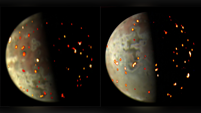 These composite views depicting volcanic activity on Io were generated using both visible light and infrared data collected by NASA’s Juno spacecraft during flybys of the Jovian moon on Dec. 14, 2022 (left) and March 1, 2023.