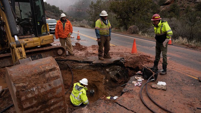 National Park Service and utility employees work to repair infrastructure on Zion Canyon Scenic Drive.