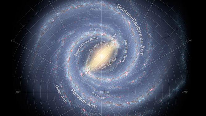 An annotated artist's concept illustrates the new view of the Milky Way.