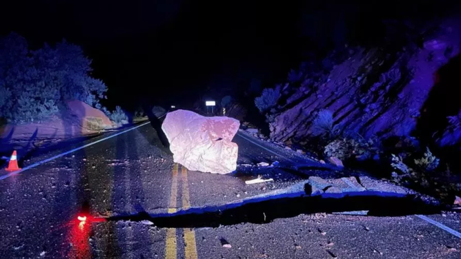 Road damage caused by rockfall at Zion Canyon Scenic Drive late on March 21, 2023.