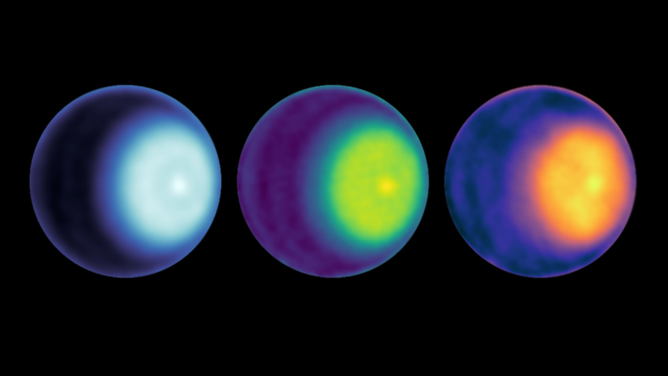 NASA scientists used microwave observations to spot the first polar cyclone on Uranus, seen here as a light-colored dot to the right of center in each image of the planet. The images use wavelength bands K, Ka, and Q, from left. To highlight cyclone features, a different color map was used for each.