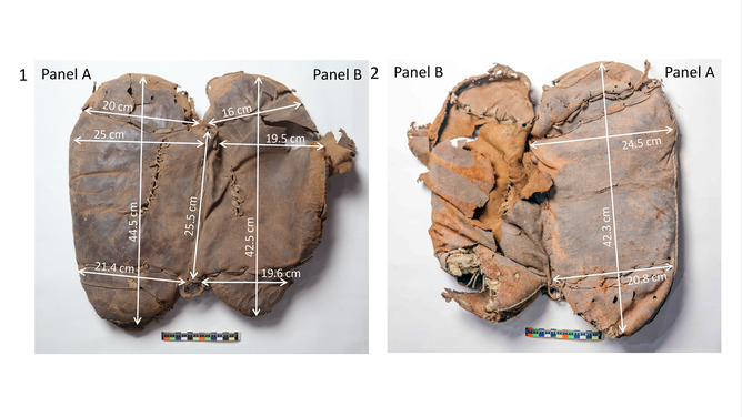 Measurements of the Yanghai leather saddle (IIM205:20). 1 - Upper side; 2 - Underside. 