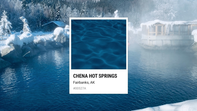 Chena Hot Springs in Alaska, along with the color swatch that matches its blue waters.