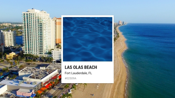 Las Olas Beach in Florida, along with the color swatch that matches its blue waters.