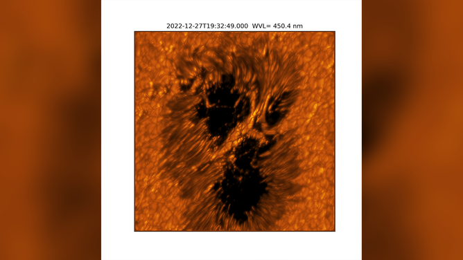 A light bridge is seen crossing a sunspot’s umbra from one end of the penumbra to the other. Light bridges are believed to be the signature of the start of a decaying sunspot, which will eventually break apart. Light bridges are very complex, taking different forms and phases. It is unknown how deep these structures form. This image shows one example of a light bridge in remarkable detail. Umbra: Dark, central region of a sunspot where the magnetic field is strongest. Penumbra: The brighter, surrounding region of a sunspot’s umbra characterized by bright filamentary structures.