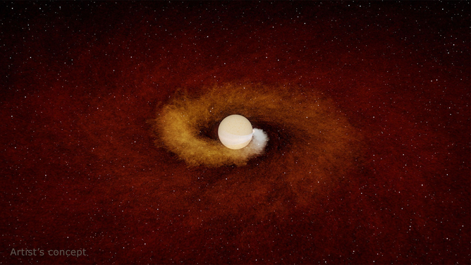 This artist’s concept shows a planet gradually spiraling into its host star. The Jupiter-size planet pulls gas away from the star, sending it into space. There, the gas cools and becomes dust, which is visible to astronomers.
