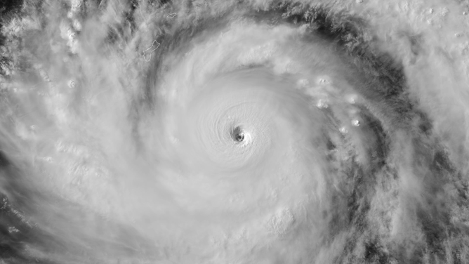 A satellite image of Super Typhoon Mawar as it approaches the U.S. island territory of Guam in the Western Pacific Ocean.