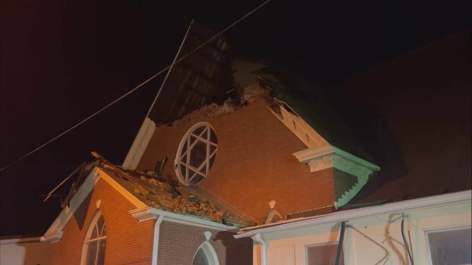 A church was severely damaged during severe weather, including apparent tornadoes, on Saturday, May 6, 2023.